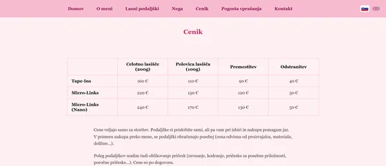 The pricing page — a table of methods against hair volume, with prices