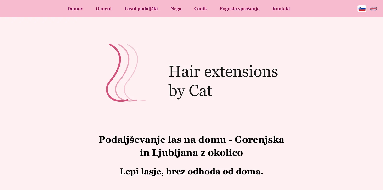 The Hair extensions by Cat homepage, with the logo and the Slovene tagline