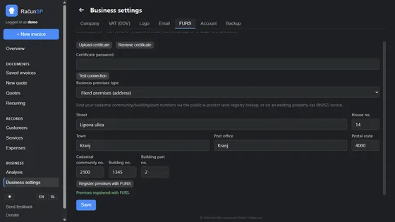 FURS settings — tax certificate upload and business premise registration