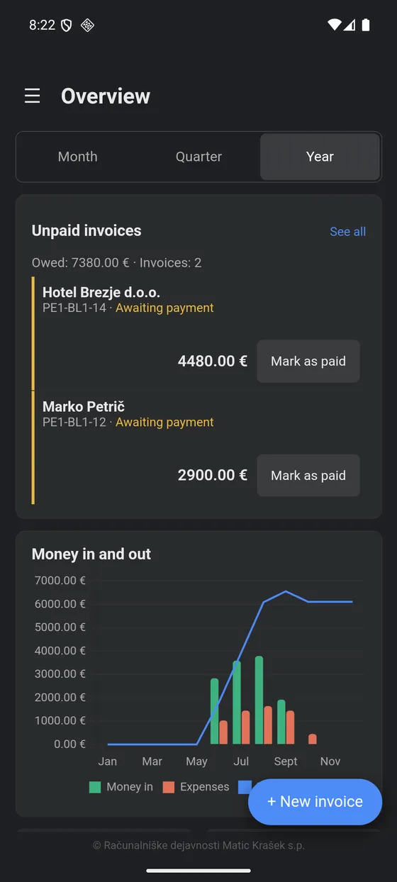 The same account on Android, showing unpaid invoices and money in and out