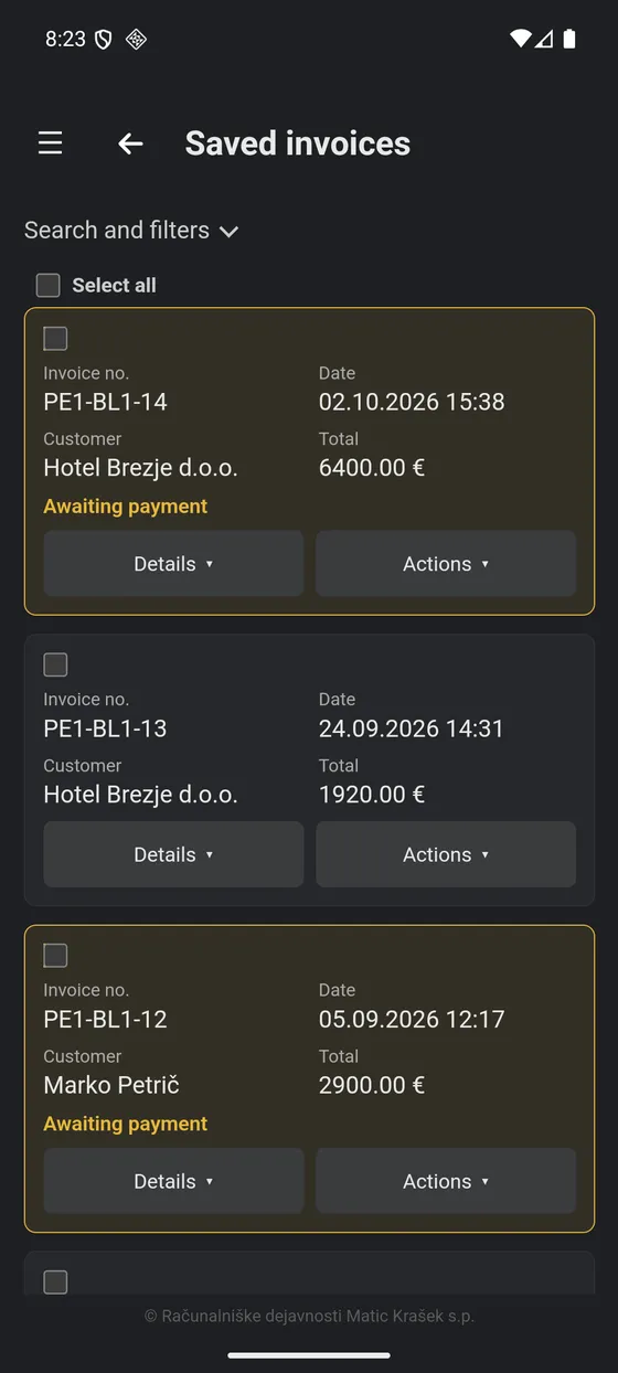 Saved invoices on Android, with payment status on each