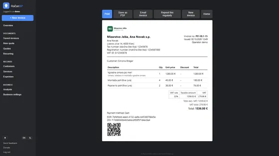 A finished invoice showing the FURS ZOI and EOR codes and the fiscal QR code